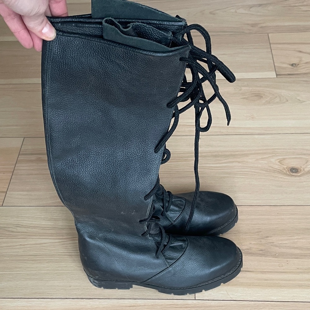 Black Real Leather Lace-Up Boots